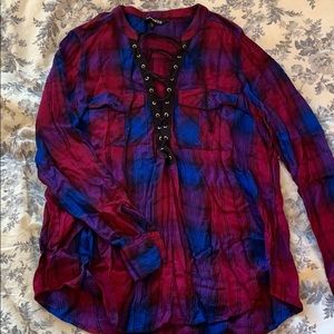 Lace up plaid top